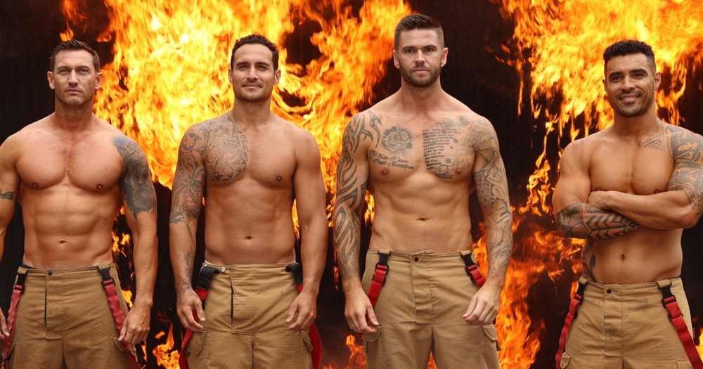 Australian firemen posing for photos as part of a calendar for 2025 with fire in the background.