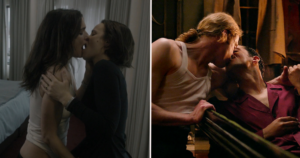 Split screen of two queer sex scenes. On the left, the women from disobedience kissing. On the right the men from interview with the vampire kissing