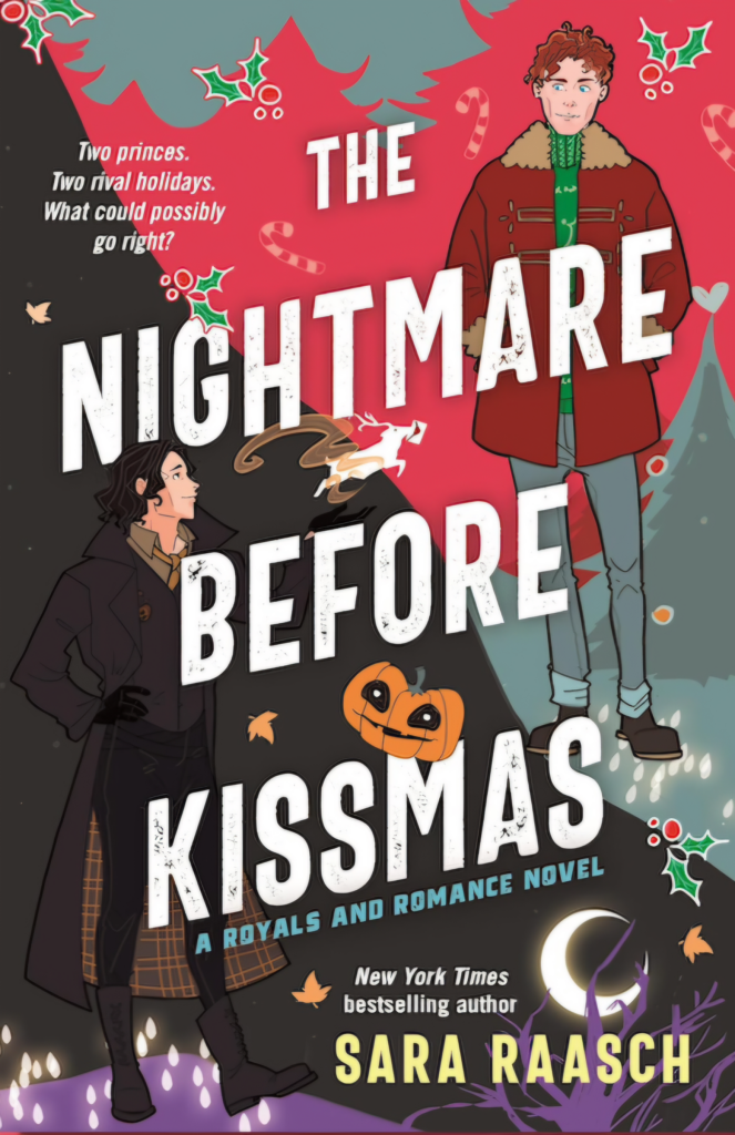 The cover for the novel nightmare before kissmas. Half Christmas theme half Halloween theme. One for each man.