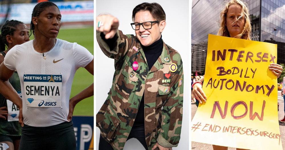 Split screen of three intersex activists. Left is Caster Semenya, middle is Seven Graham and right is Hanne Gaby Odiele.