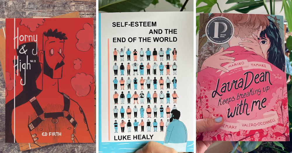 A split screen of three queer graphic novels.