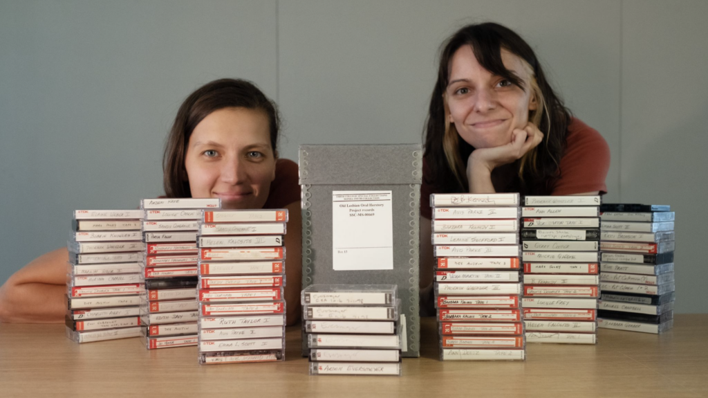 Megan McDonough (left) and Rengim Mutevellioglu (right) in front of OLOHP archive.