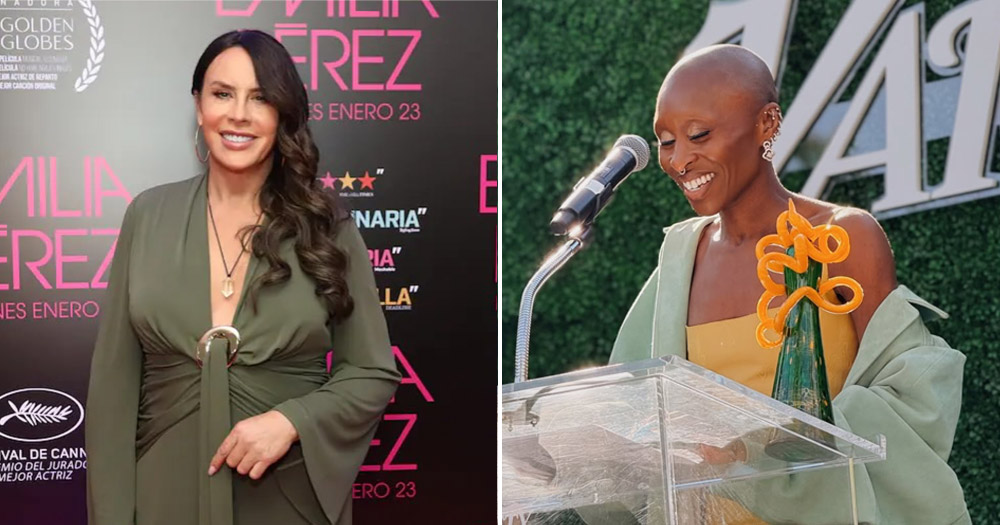 Two split images of LGBTQ+ actresses Cynthi Erivo and Karla Sofía Gastón which have been nominated for the 2025 Oscar