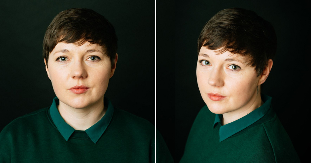 Split screen with portraits of Irish director Aoife Fealy wearing a green jumper, with a black background.