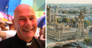 Split screen of Bernárd Lynch and an overhead view of London city.