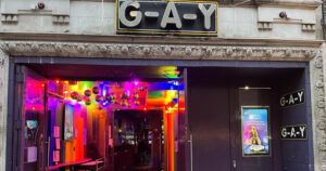 Entrance of G-A-Y Bar in London, which is now up for sale, with rainbow lightning inside.