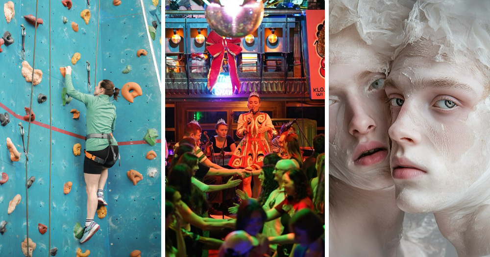 A split screen of three queer events happening in January. Left is a person rock climbing, middle is the Sí-bín queer céilí and right is a promo image for Orlando.