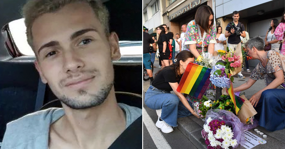 Split screen of Samuel Luiz, who was the victim of a brutal homophobic murder in Spain, and people bringing flowers and Pride flags to a memorial for him.