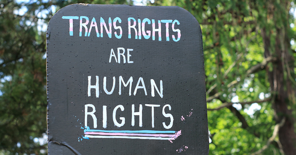 This article is about Donald Trump's executive order targeting trans healthcare. The image shows a black protest sign reading "Trans rights are human rights".