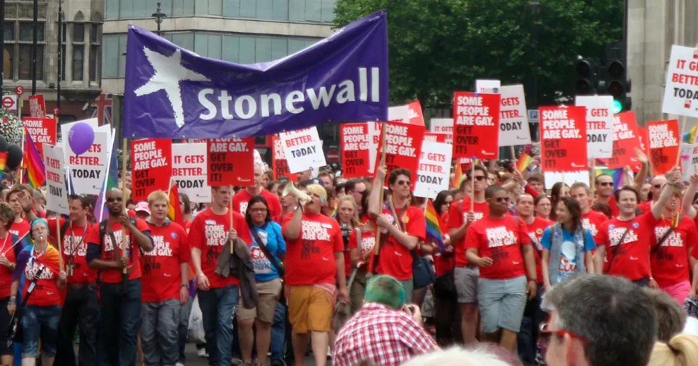 Stonewall at a previous protest. Stonewall has announced it is cutting staffing, a fate that might be ahead for other LGBTQ+ charities.