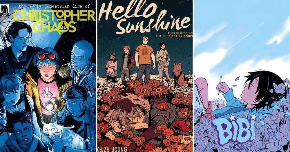 Split screen of three graphic novels. First image showing some characters in blue lights, second image showing characters standing on flowers, third image showing a character lying on a field.