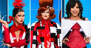 A split screen of three queens from RuPaul's Drag Race UK vs the World.