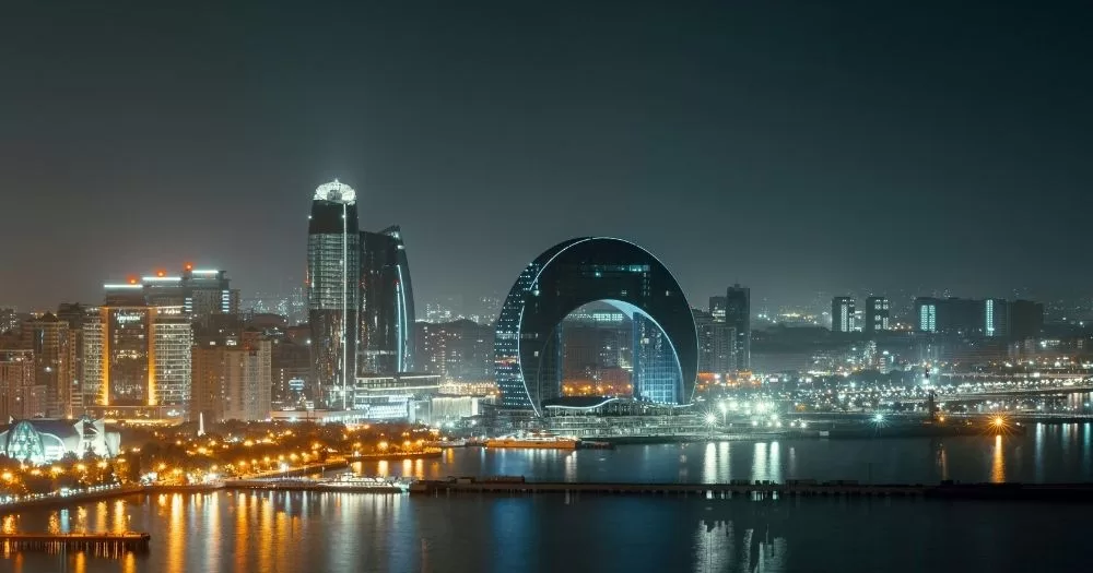 The city of Baku in Azerbaijan at night.