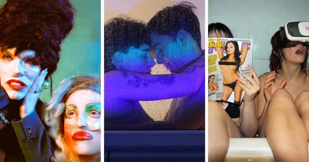 Scene + Heard queer theatre. Three images: The left image is for The Politics of Disgust. It is two drag queens with seemingly botched faces. The middle image is for Fag & Dyke Get Cancelled, it looks through a window into an intimate scene of two people embracing under a blue light. The right image is for dole bots. Two young women sit in a bath with their hairy legs hanging out. One reads a magazine with nude women, the other is holding a glass of red wine and wearing a VR headset.