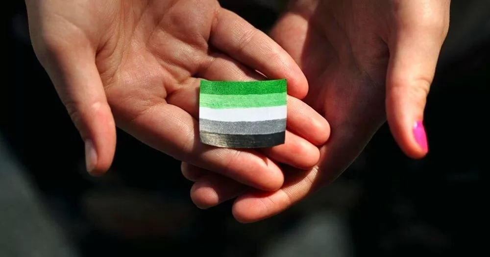 This article is about aromanticism. In the photo, two hands joined together holding a small aromantic flag.