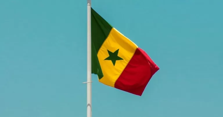 A Senegalese flag in front of a blue background. This image is being used to accompany an article about Senegal's punitive laws targeting same-sex relations.