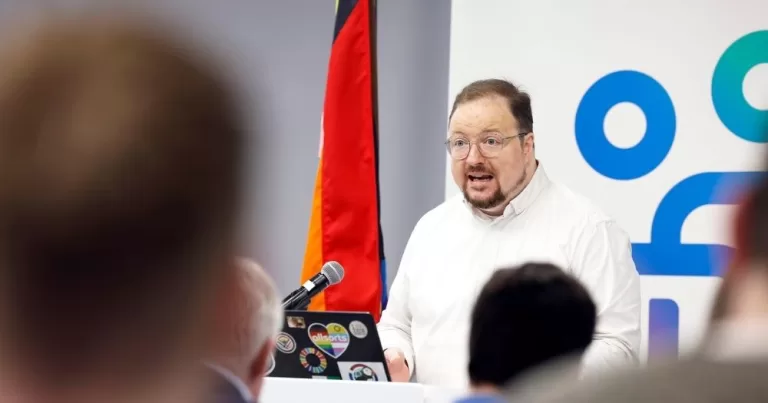Outhouse CEO Oisín O’Reilly speaking at the launch of the Pride and Poverty report, on the economic situation of LGBTQ+ people in Ireland.