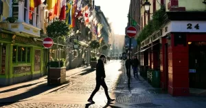 This article is about the National Community Safety Survey. In the photo, people walking in a street in Dublin's city centre.